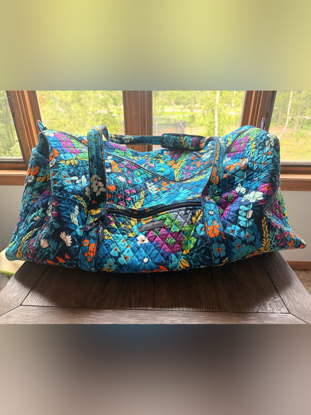 Vera Bradley Teal Floral Quilted Travel Duffle with Multicolor Blooms